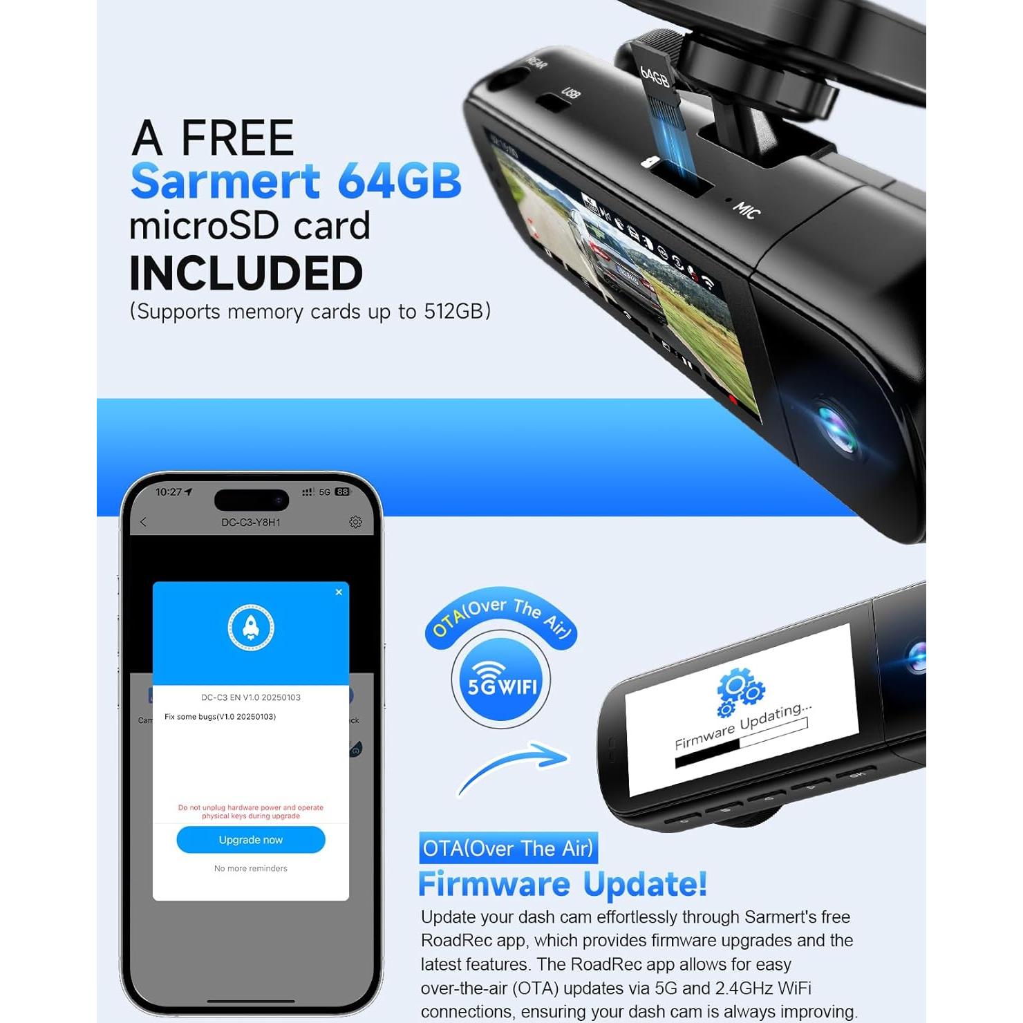 Cámara Dash 3 Canales SARMERT 4K Frontal y Trasera GPS