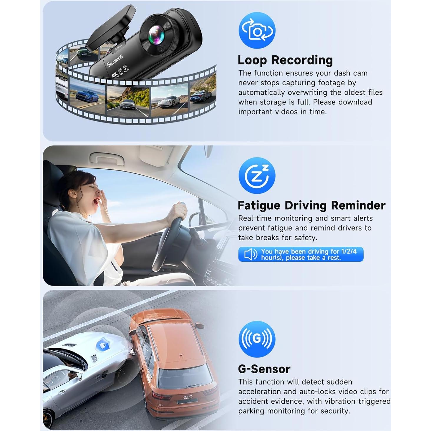 Cámara Dash 3 Canales SARMERT 4K Frontal y Trasera GPS