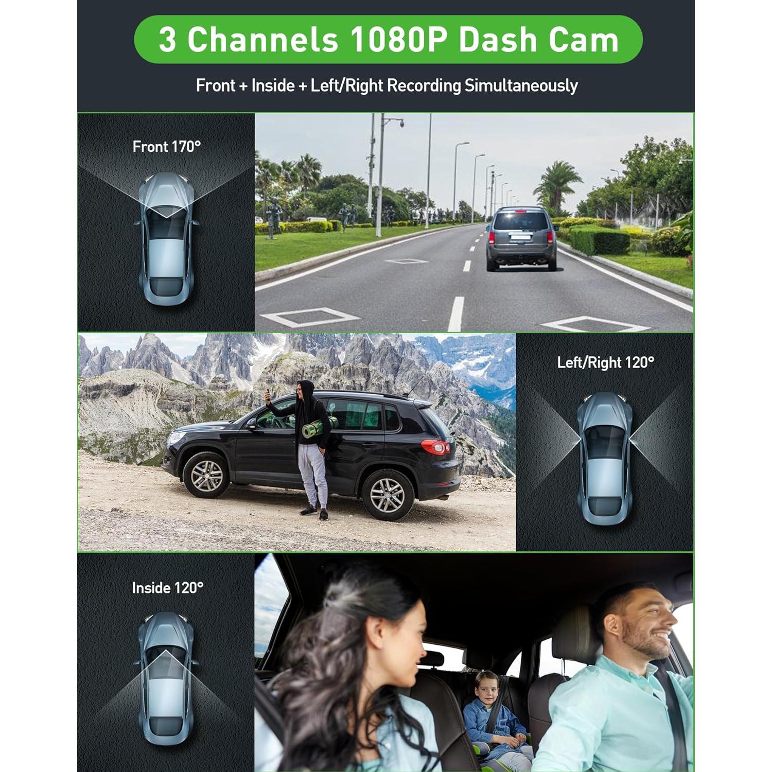 Cámara Dash 3 Canales 1080P ZKCAMSPY con G-Sensor y Visión Nocturna