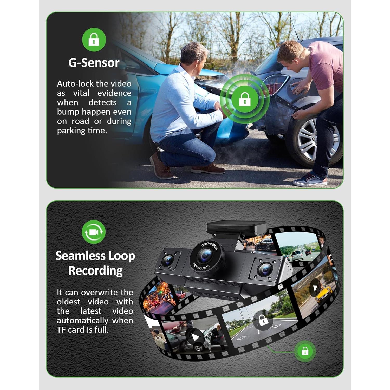 Cámara Dash 3 Canales 1080P ZKCAMSPY con G-Sensor y Visión Nocturna