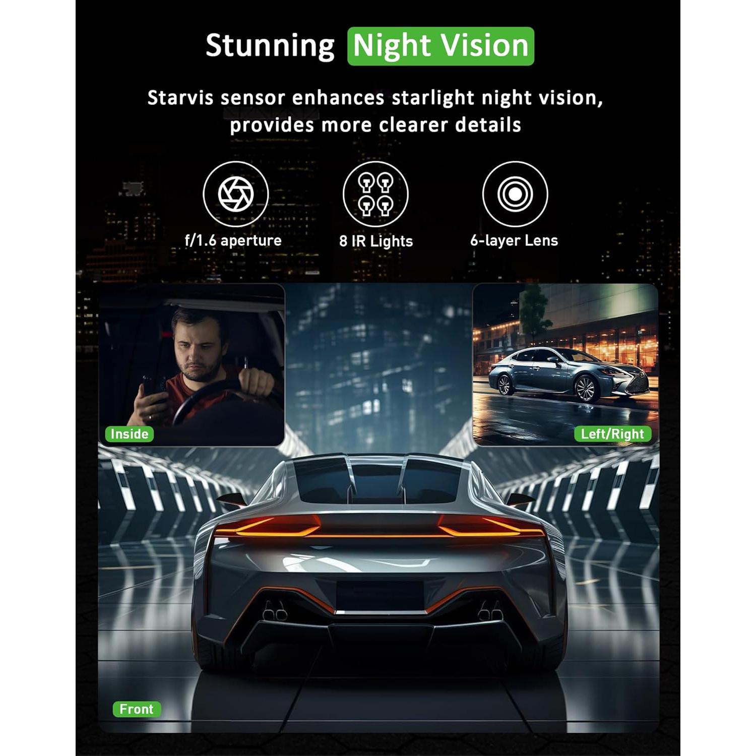 Cámara Dash 3 Canales 1080P ZKCAMSPY con G-Sensor y Visión Nocturna