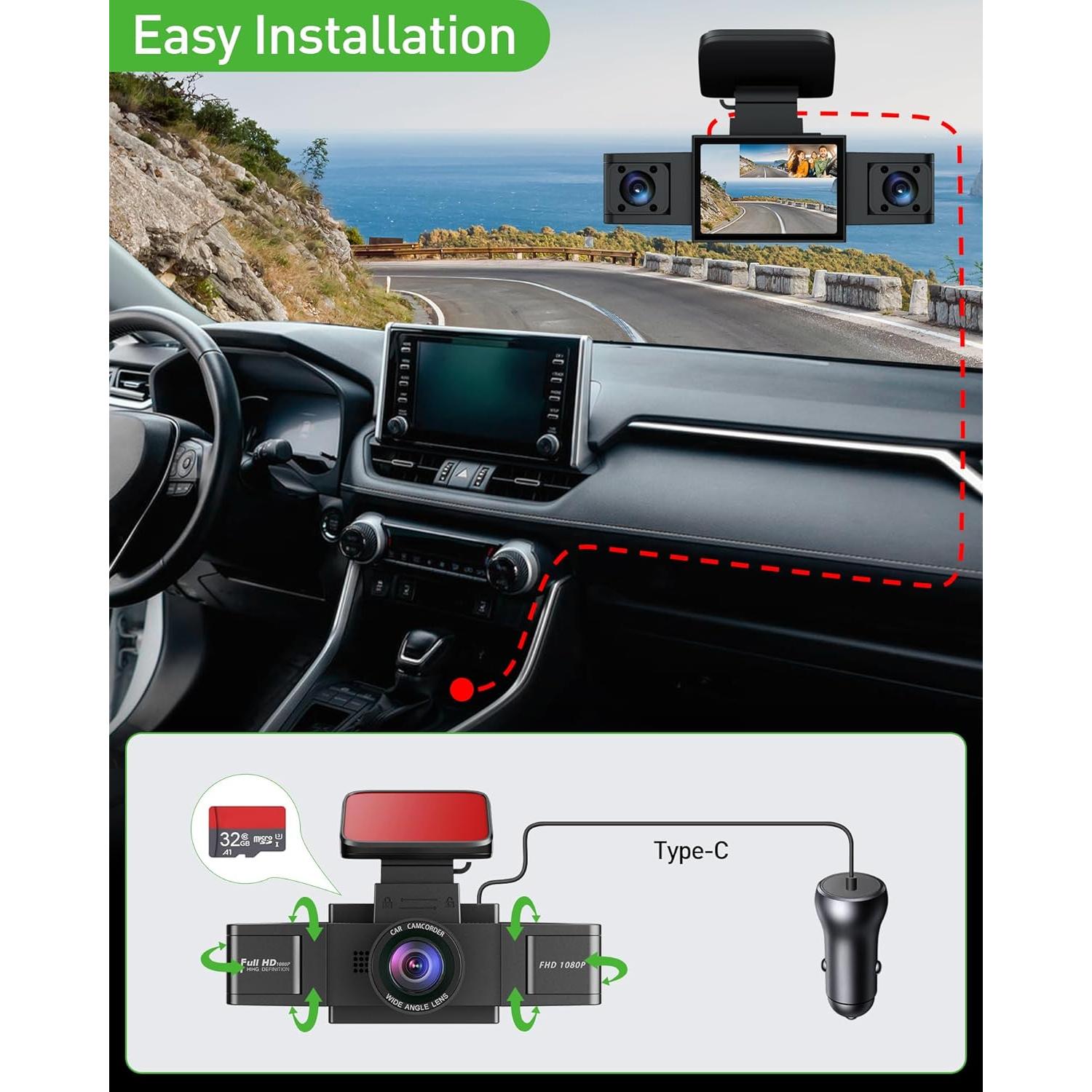 Cámara Dash 3 Canales 1080P ZKCAMSPY con G-Sensor y Visión Nocturna