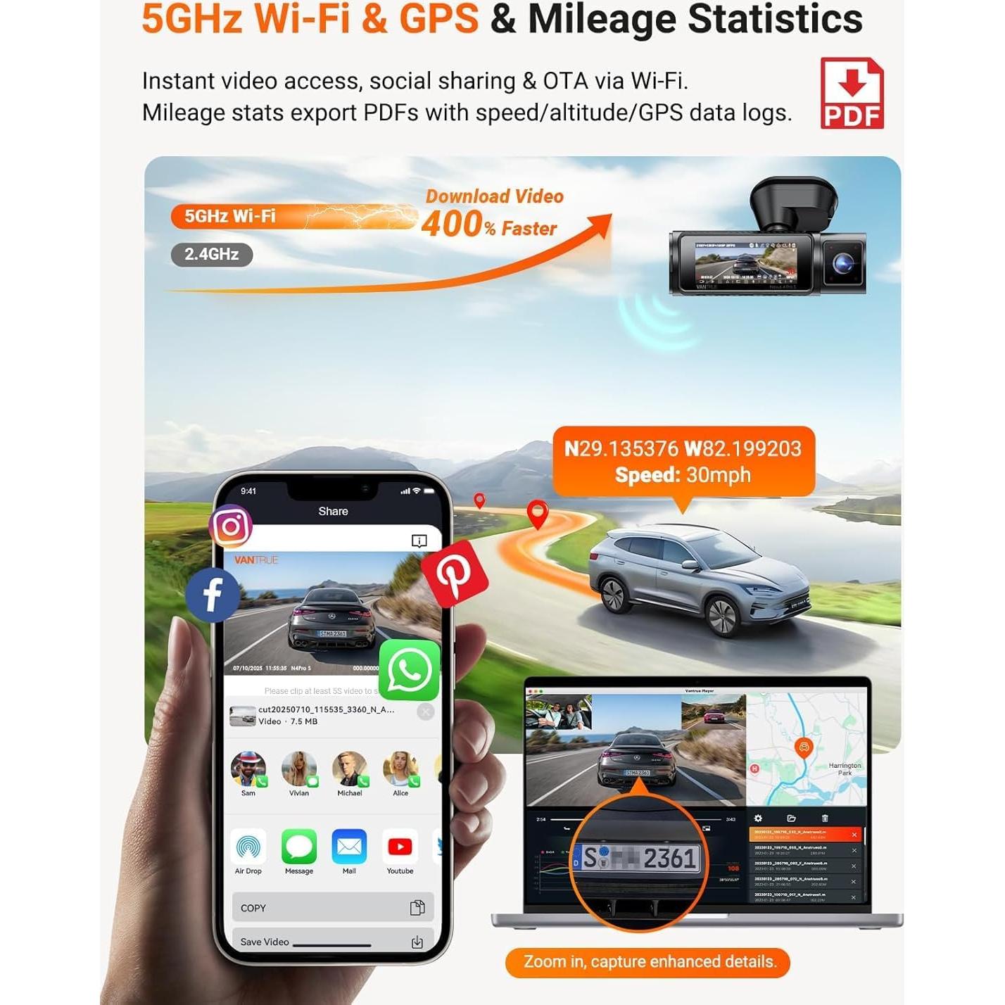 Dash Cam 3 Canales Vantrue N4 Pro S 4K con GPS y Wi-Fi