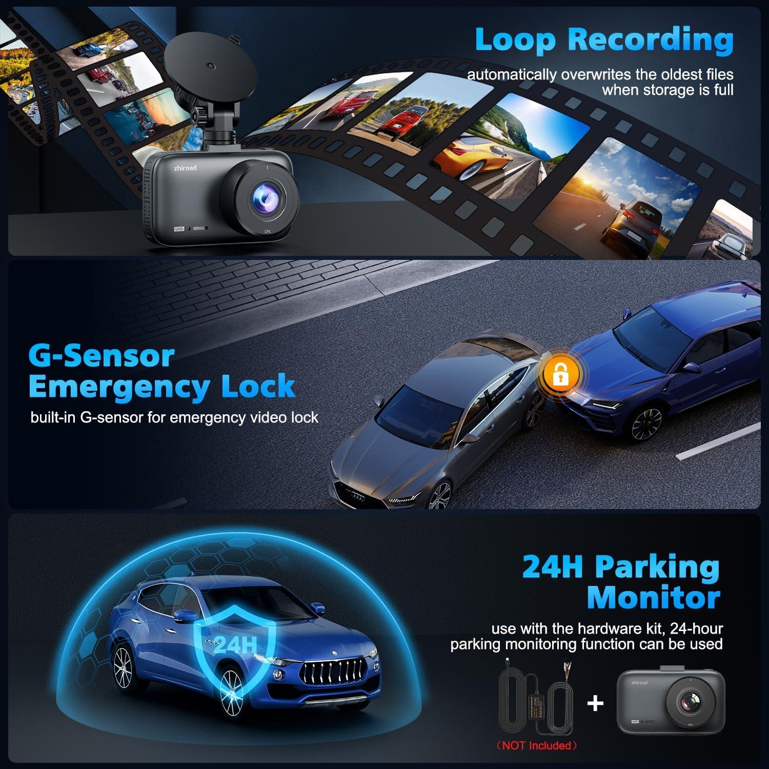 Cámara de tablero dual 4K Zhiroad con filtro CPL y WiFi