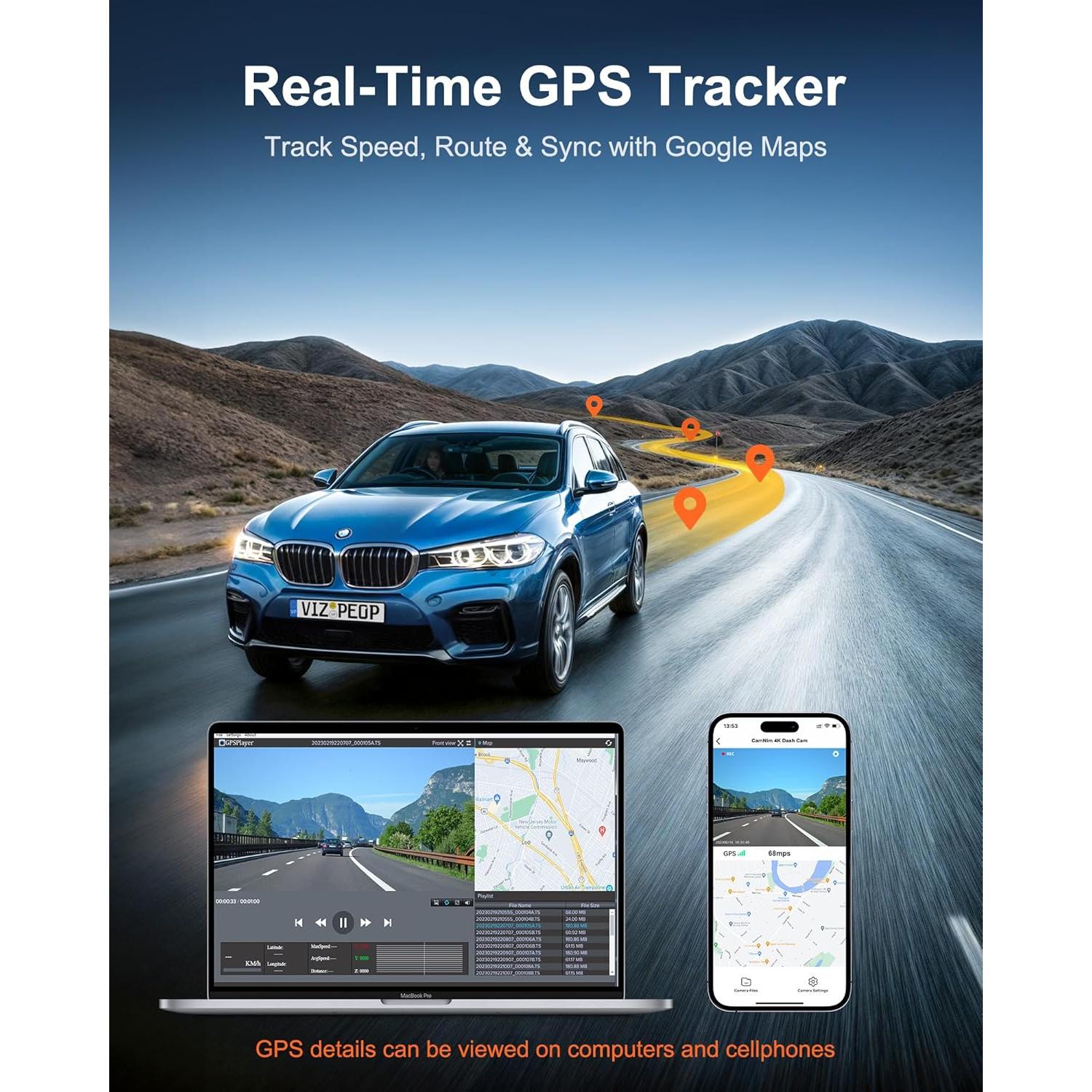 Cámara de Tablero Dual 4K+1080P CamNim con GPS y WiFi