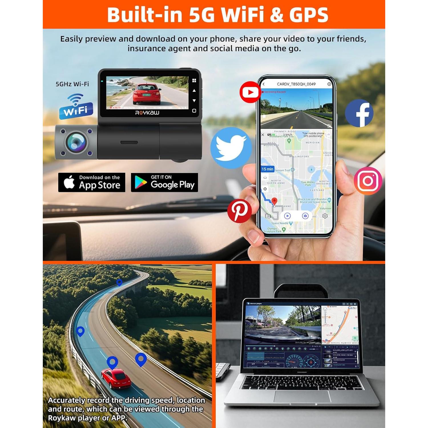 Cámara Dash 4K Delantera y Trasera Roykaw G-0616 con GPS y WiFi