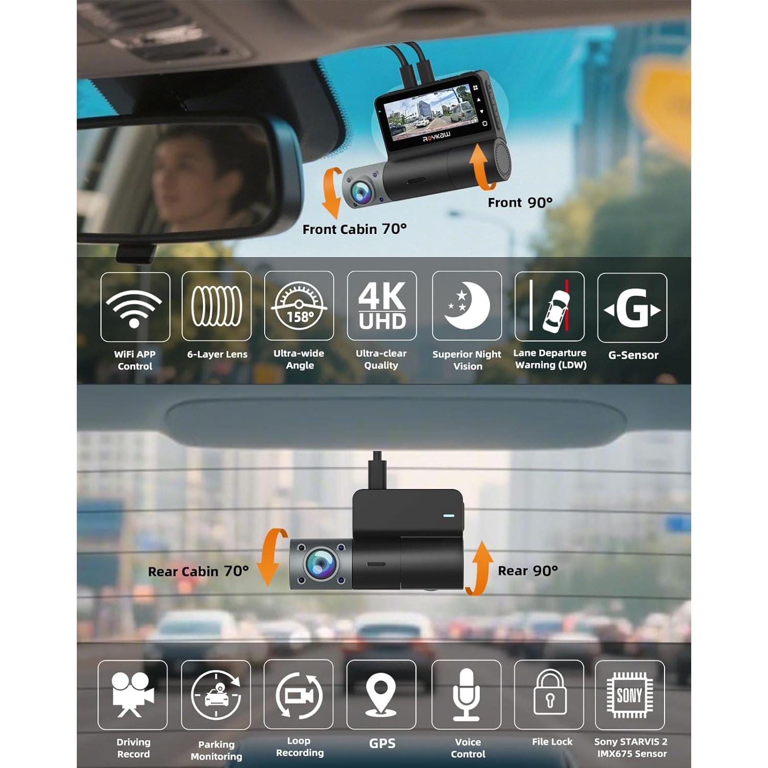 Cámara Dash 4K Delantera y Trasera Roykaw G-0616 con GPS y WiFi