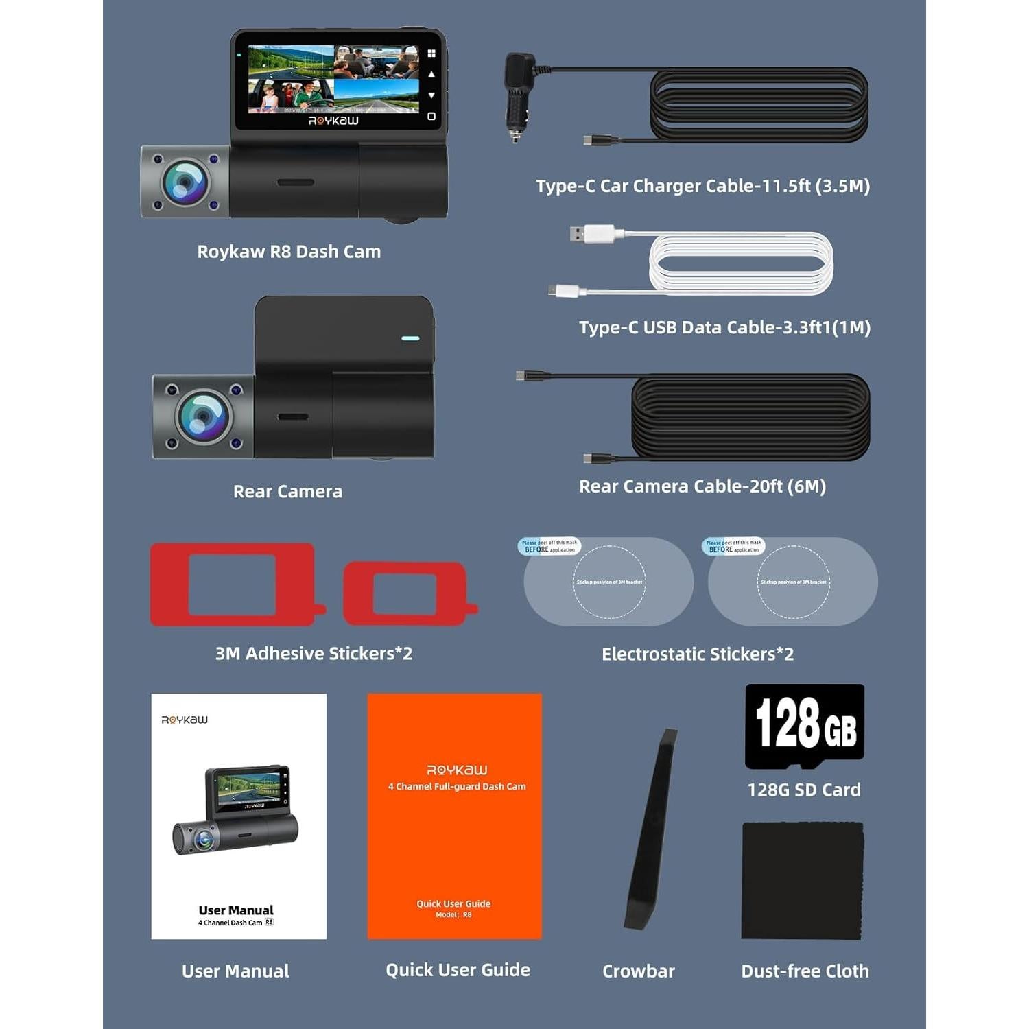 Cámara Dash 4K Delantera y Trasera Roykaw G-0616 con GPS y WiFi