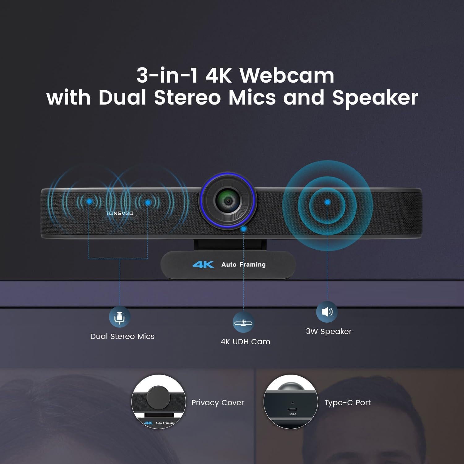 Cámara Web 4K TONGVEO TV-AC3-C con Micrófonos y Altavoz