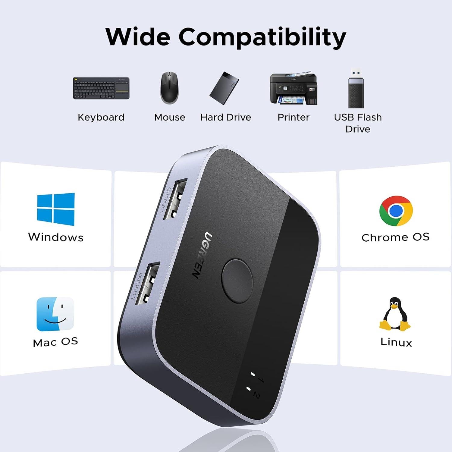 Interruptor USB 3.0 UGREEN 2 Puertos Selector para 2 PCs