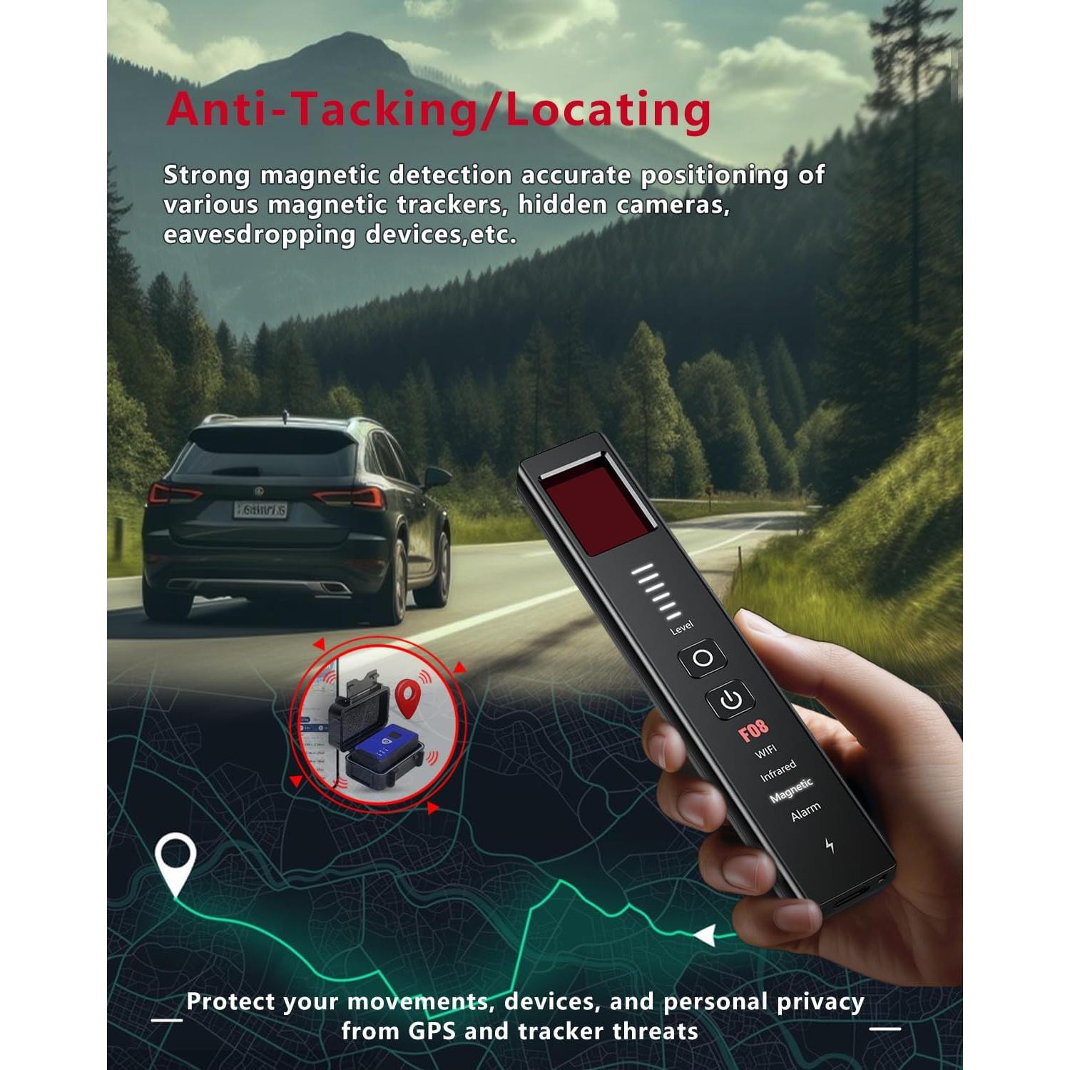 Detector de Cámaras Ocultas F08 - Alarma SOS y GPS - Portátil