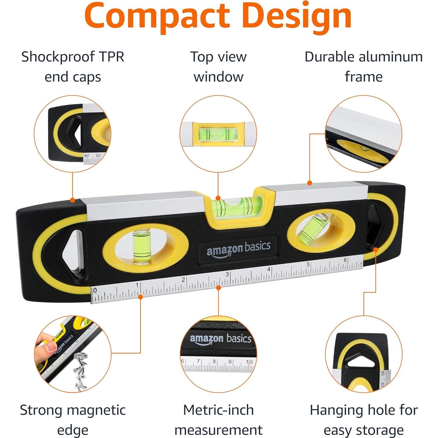 Nivel Torpedo Magnético Amazon Basics 23 cm con Regla