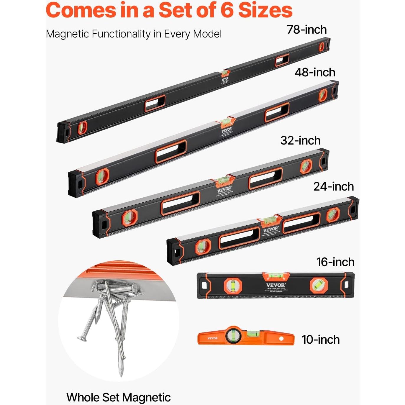 Nivel Torpedo Magnético VEVOR 6 Piezas Aluminio 25.4-198.12 cm