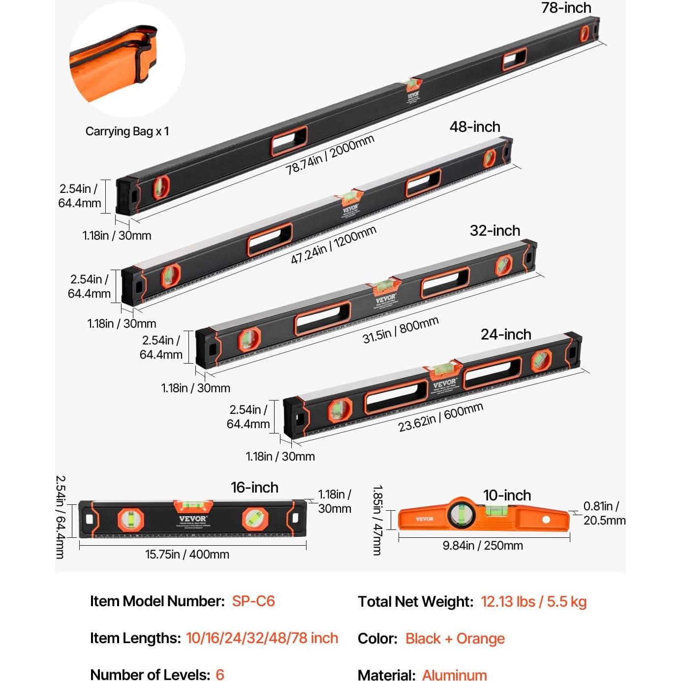 Nivel Torpedo Magnético VEVOR 6 Piezas Aluminio 25.4-198.12 cm