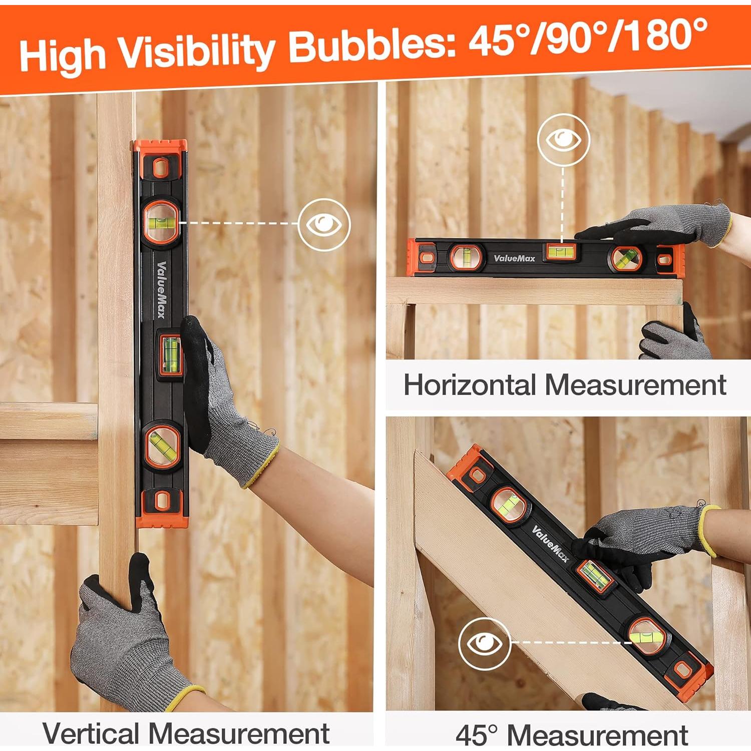 ValueMax 16-Inch Level, Magnetic Torpedo Level with 45°/90°/180° Bubbles, Aluminum Alloy Body, Precision-Machined Base, Shockproof Rubber End Caps, V-Groove & Hanging Hole for Construction, Carpentry