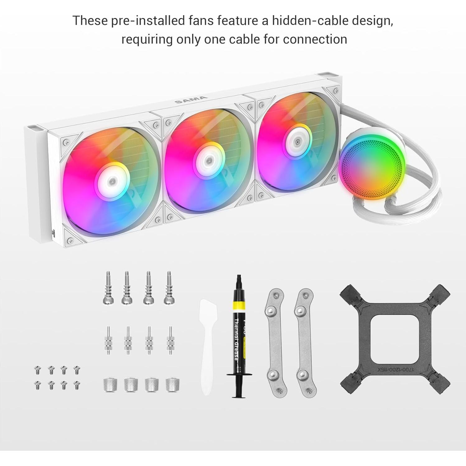 SAMA L60 360mm AIO Liquid CPU Cooler - High-Performance RGB Water Cooling System with 2000 RPM PWM ARGB Fans, Compatible with Intel LGA 1366/115X/2011/1200/1700/1851 & AMD AM4/AM5, White