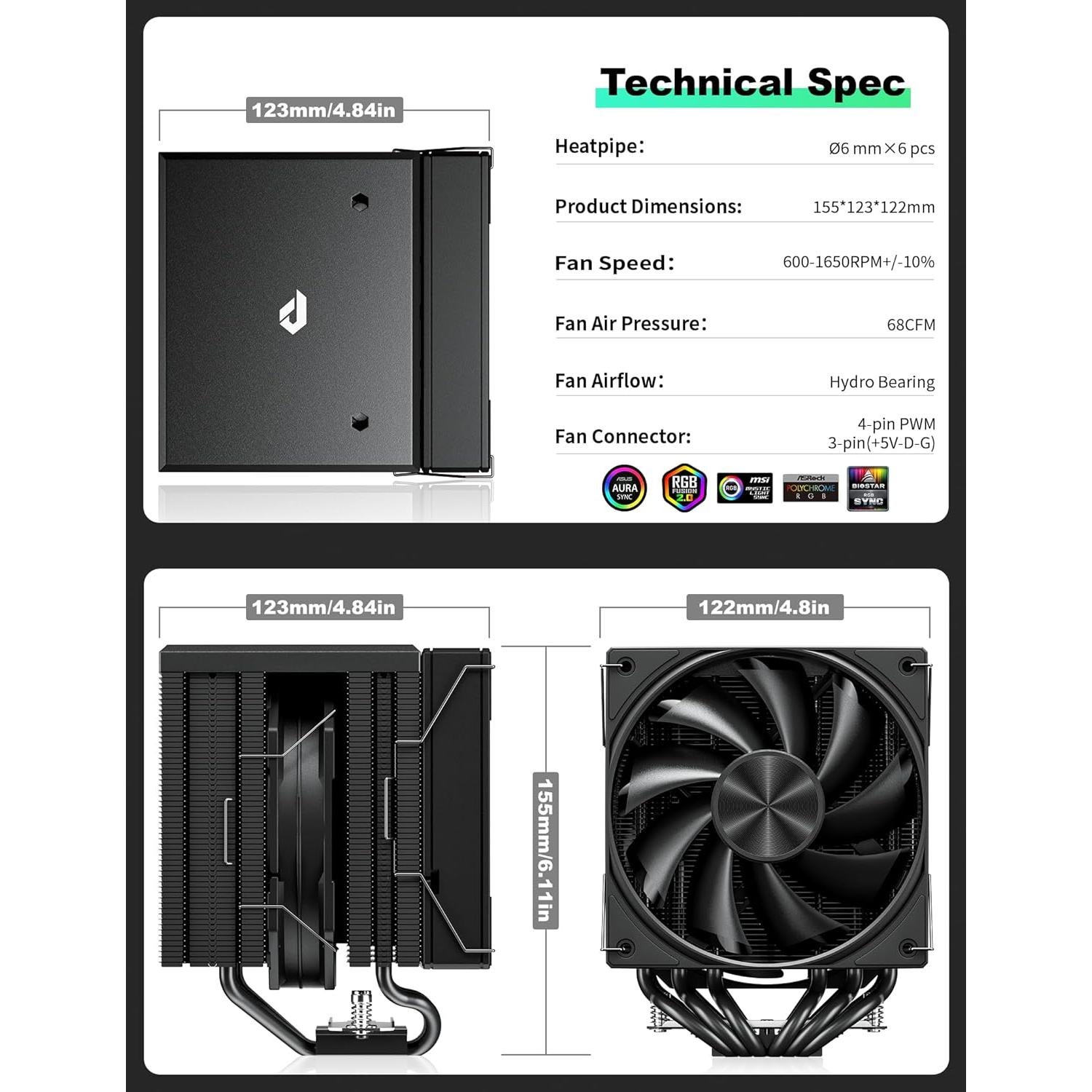 Enfriador de CPU upHere UE2K6 Doble Torre 120mm Negro