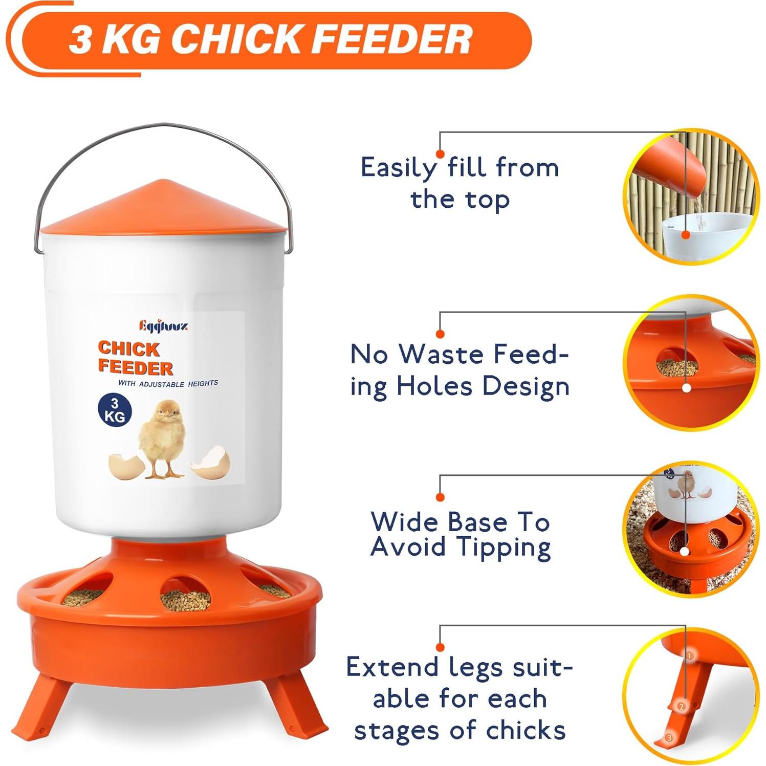 Kit Alimentador y Bebedero Pollitos Eggluuz 3kg 1.5L Ajustable