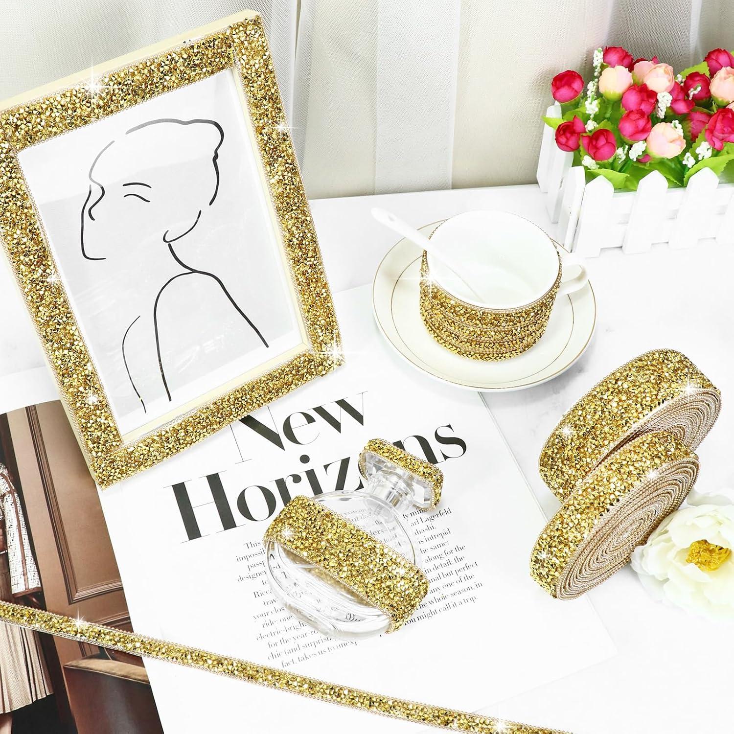 Cinta de Rhinestone Autoadhesiva Dowarm 2.74m 1cm Dorada