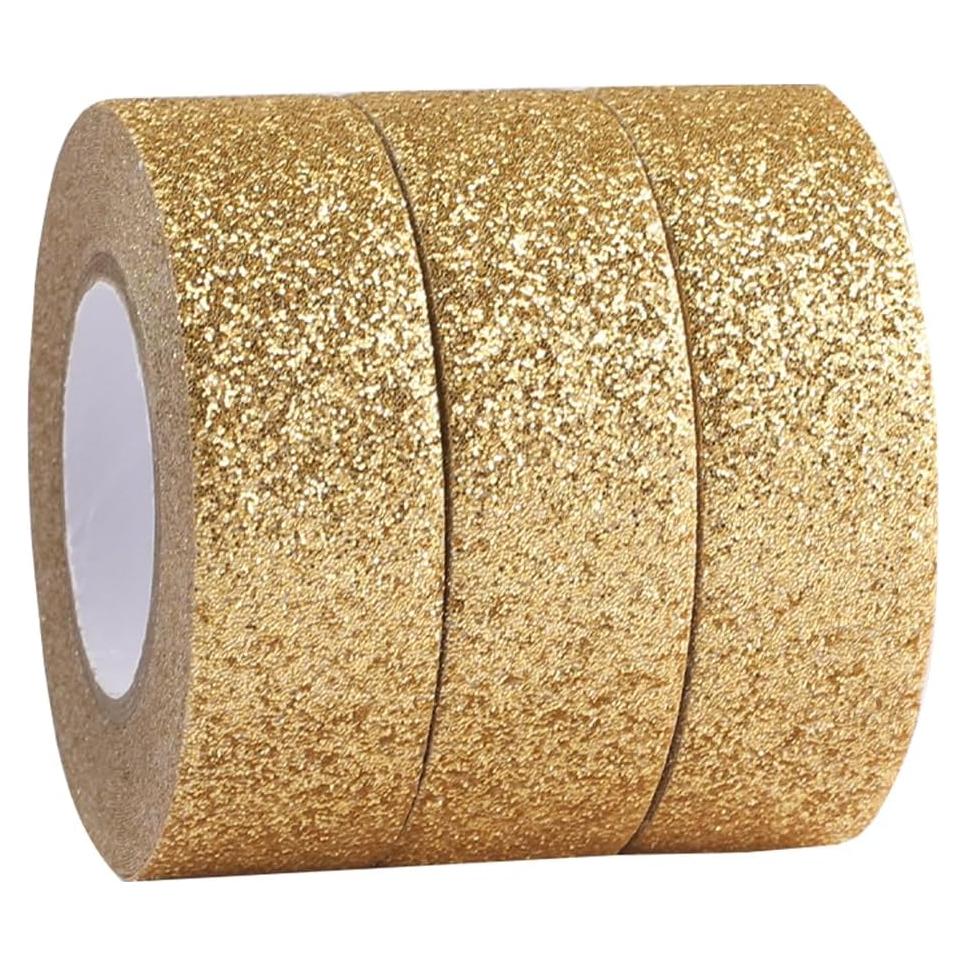 GORGECRAFT 3 Rolls 16.4 Yard x 0.6 Inch Glitter Adhesive Tape Foil Masking Tapes Gold Washi Paper Stick for DIY Scrapbook Decorative Adhesive Tapes Craft and Gifts