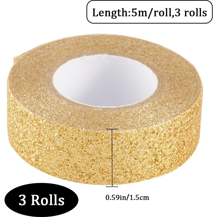 GORGECRAFT 3 Rolls 16.4 Yard x 0.6 Inch Glitter Adhesive Tape Foil Masking Tapes Gold Washi Paper Stick for DIY Scrapbook Decorative Adhesive Tapes Craft and Gifts