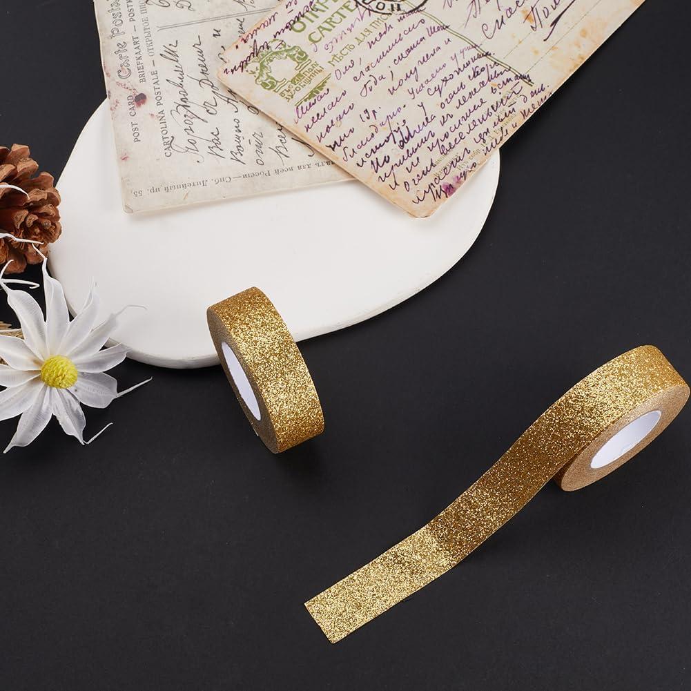 GORGECRAFT 3 Rolls 16.4 Yard x 0.6 Inch Glitter Adhesive Tape Foil Masking Tapes Gold Washi Paper Stick for DIY Scrapbook Decorative Adhesive Tapes Craft and Gifts