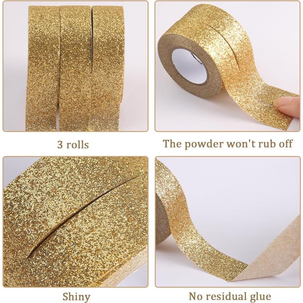 GORGECRAFT 3 Rolls 16.4 Yard x 0.6 Inch Glitter Adhesive Tape Foil Masking Tapes Gold Washi Paper Stick for DIY Scrapbook Decorative Adhesive Tapes Craft and Gifts