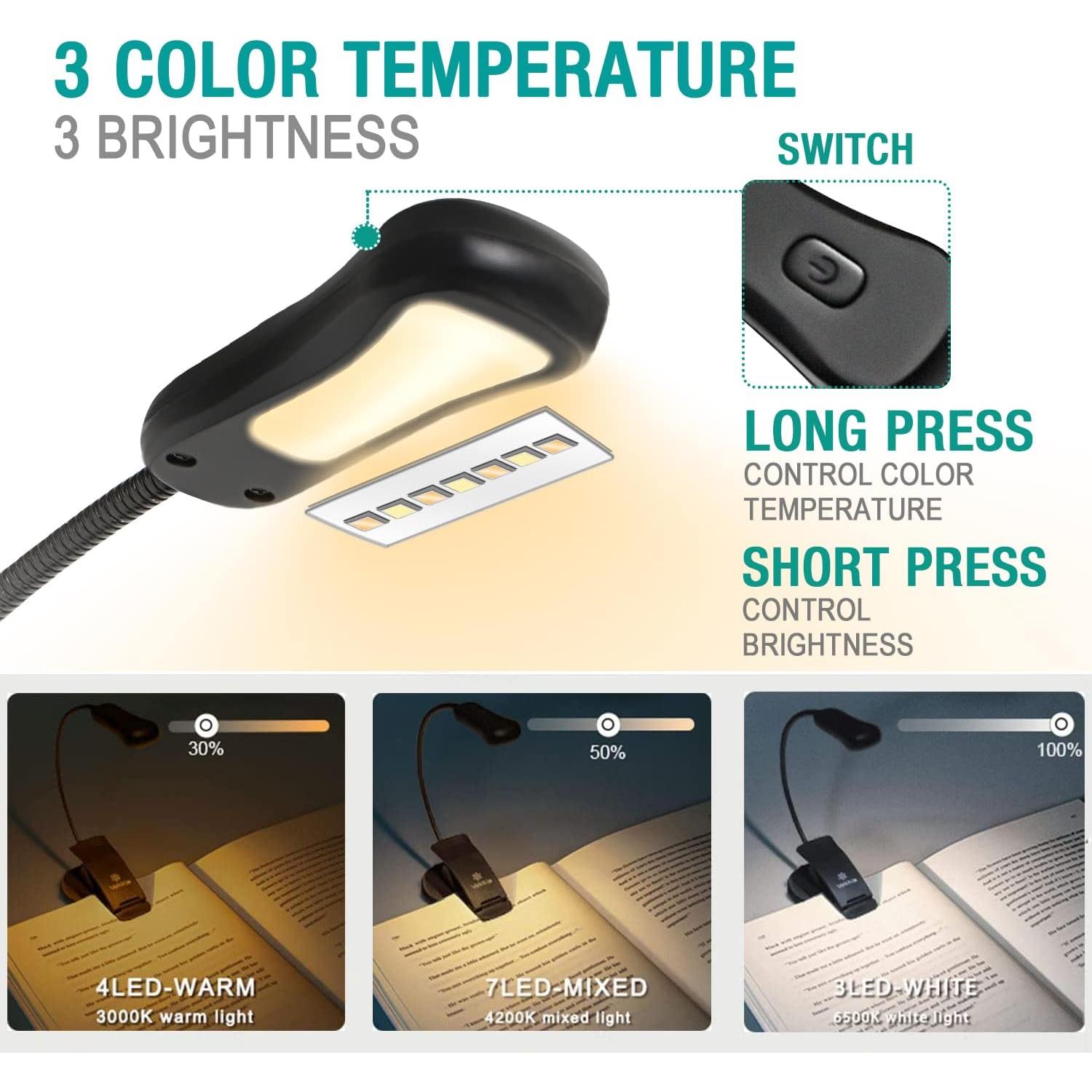 Luz de Libro Recargable Vekkia BK-03-BL, 3 Temperaturas y 3 Brillos