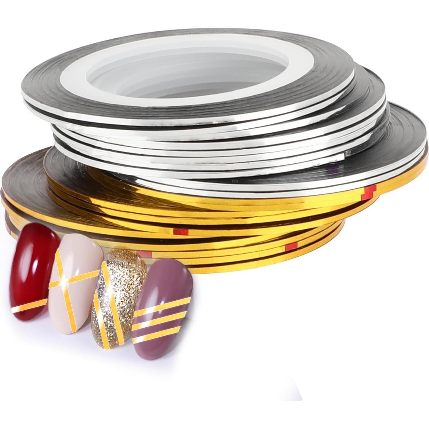 20 Rollos Cinta de Rayado para Uñas Dorada y Plateada 1mm