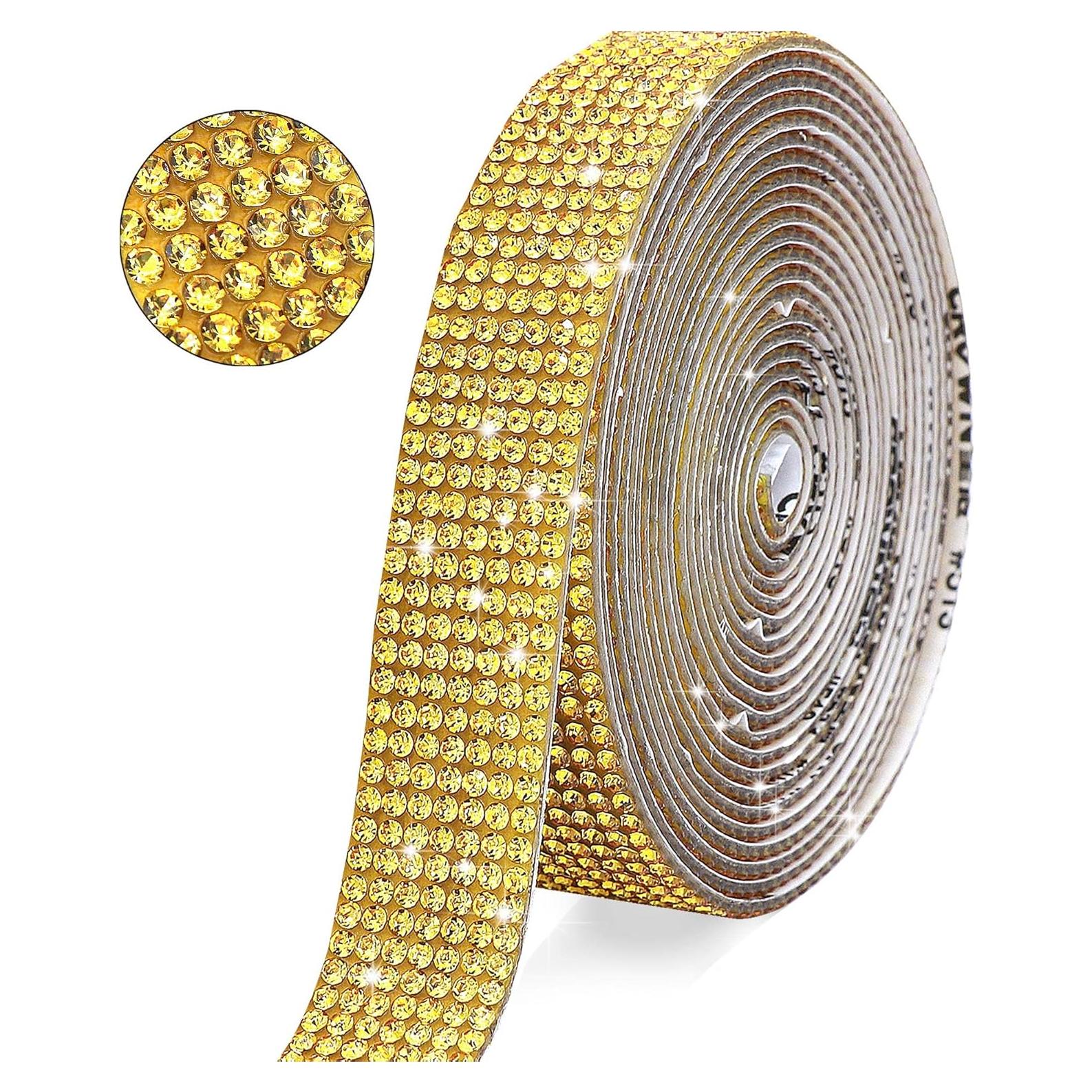 Cinta de Rhinestone Autoadhesiva JODEILIY 4 Yardas 2 mm Dorado