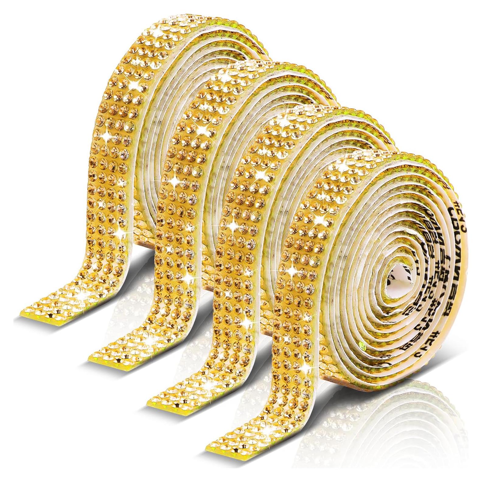 Cinta de Rhinestone Dorado Autoadhesiva Ymapinc 4 Rollos 90 cm