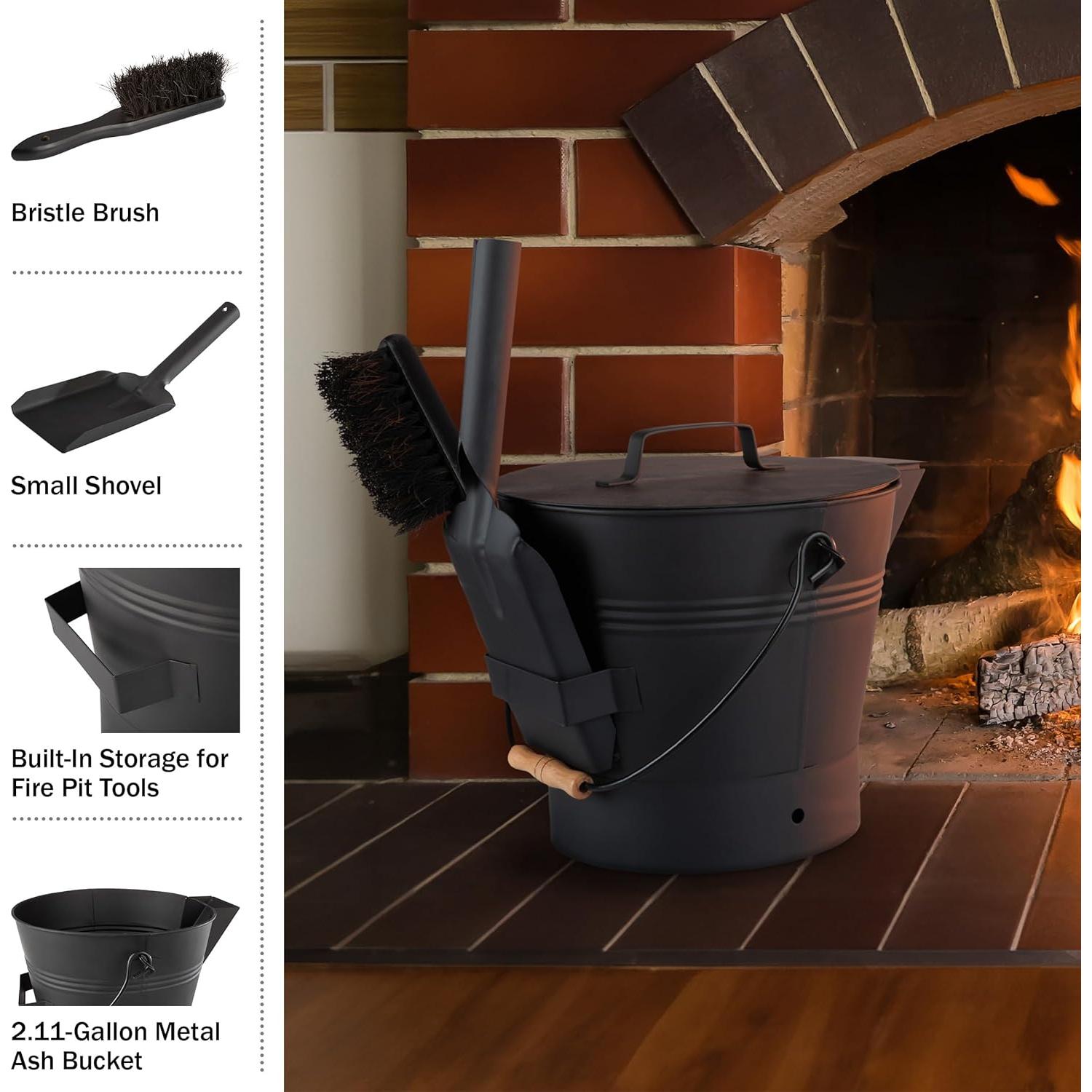 Cubo de Ceniza Pure Garden con Tapa y Herramientas para Chimenea