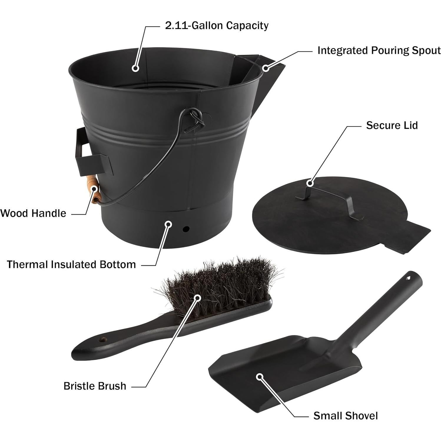 Cubo de Ceniza Pure Garden con Tapa y Herramientas para Chimenea