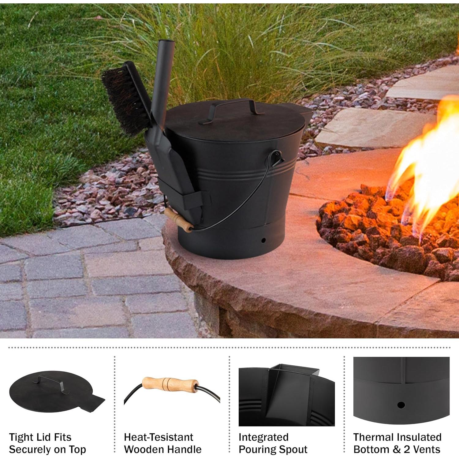 Cubo de Ceniza Pure Garden con Tapa y Herramientas para Chimenea