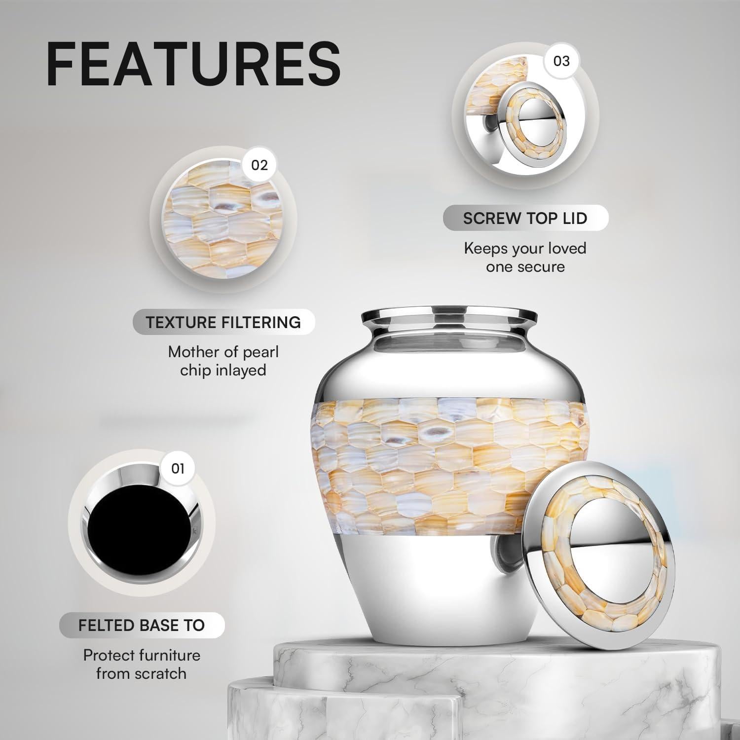 Urna de cremación grande SIMCS de madreperla plateada 22.86 cm