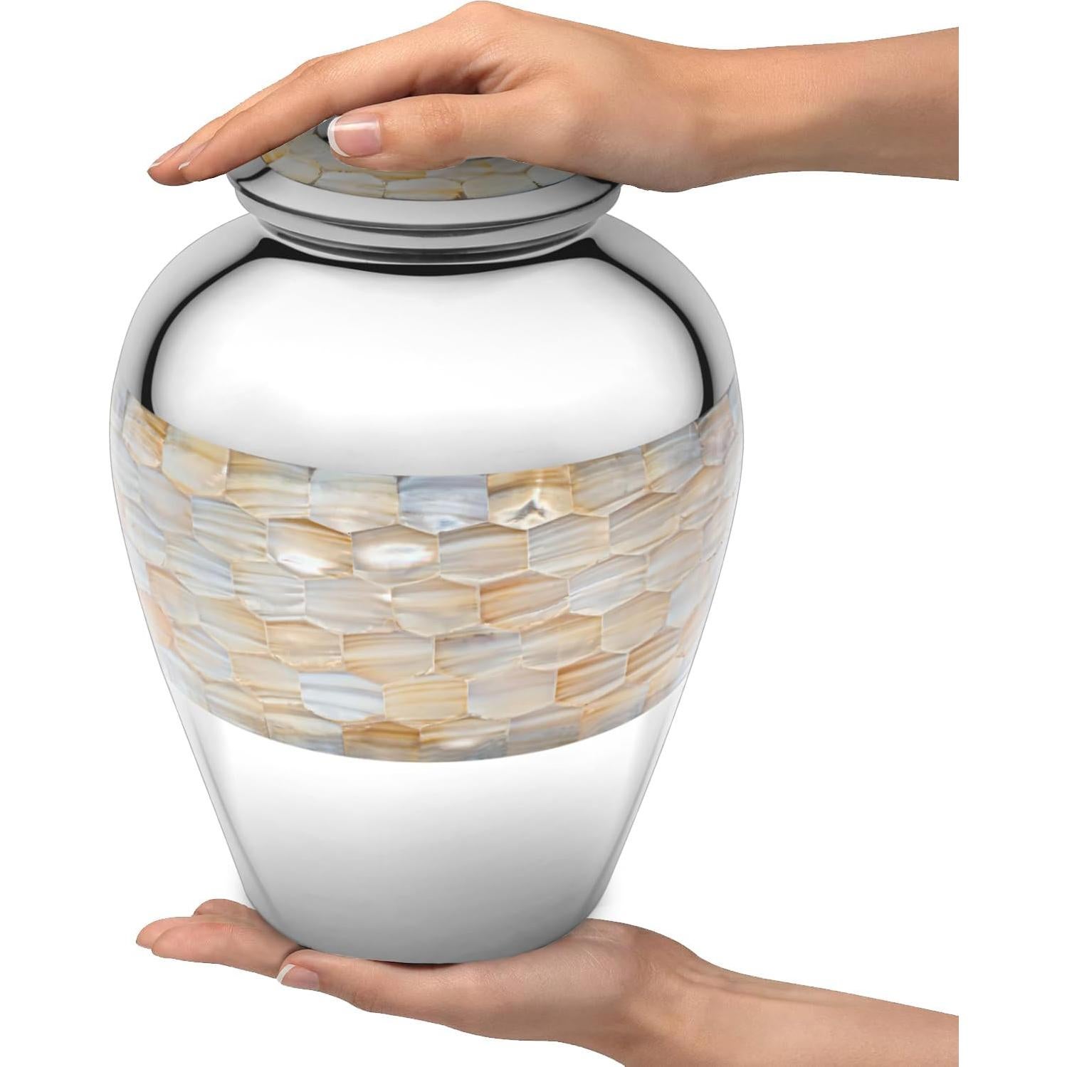 Urna de cremación grande SIMCS de madreperla plateada 22.86 cm