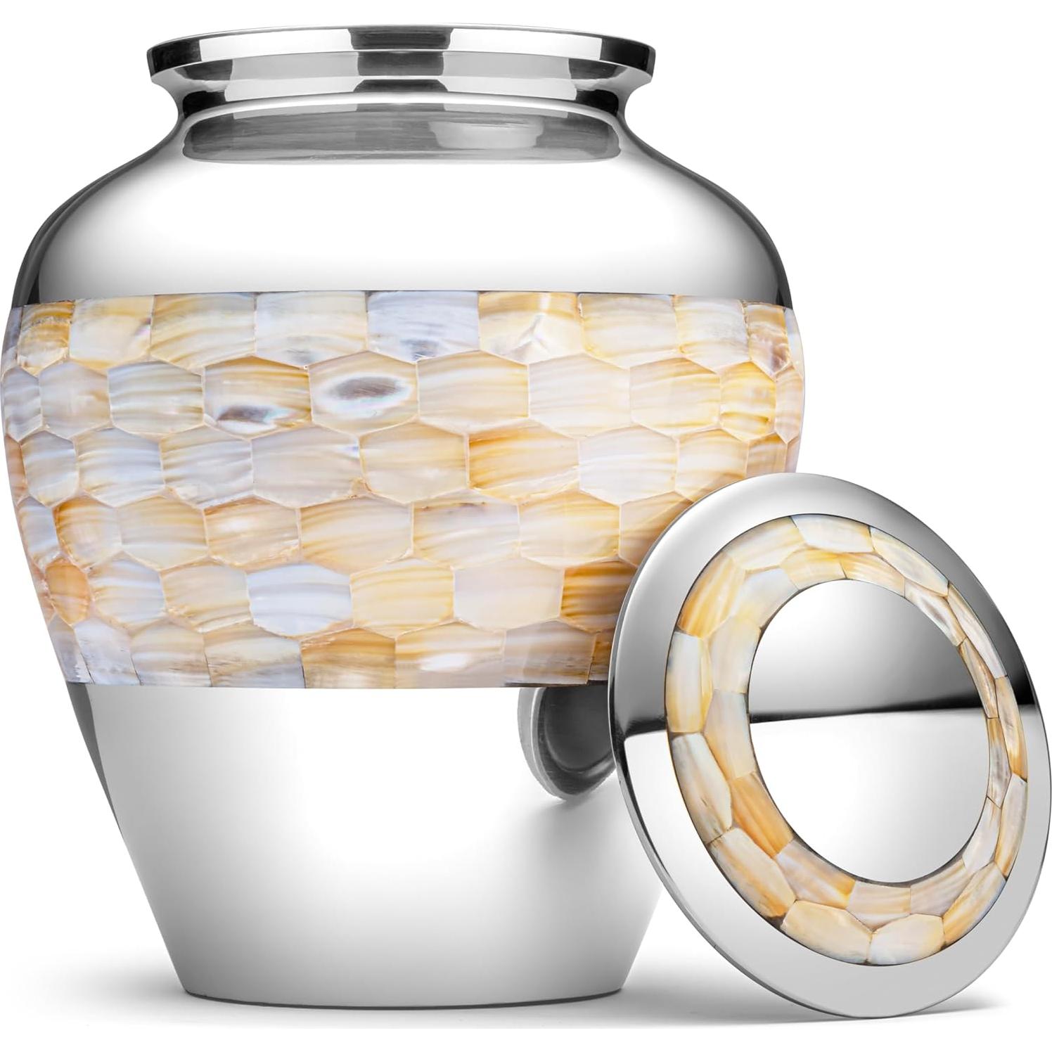 Urna de cremación grande SIMCS de madreperla plateada 22.86 cm