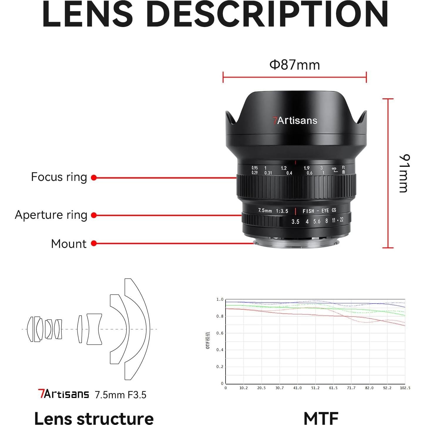 Lente Fisheye 7artisans 7.5mm F3.5 para DSLR Canon EF