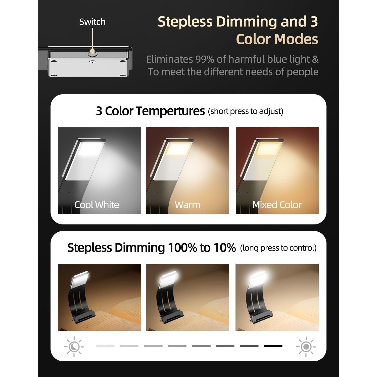 Marcador de Libro con Luz LED QDPKPI, 3 Temperaturas, Negro