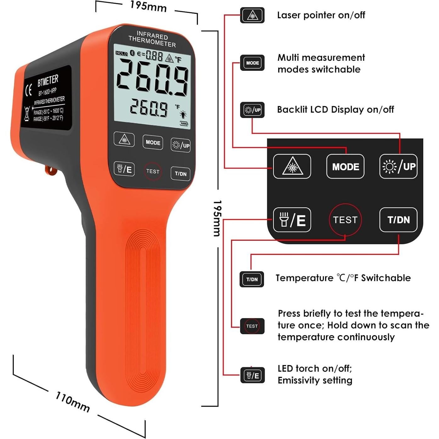 Termómetro Infrarrojo Digital BTMETER BT-1600APP -50°C a 1600°C