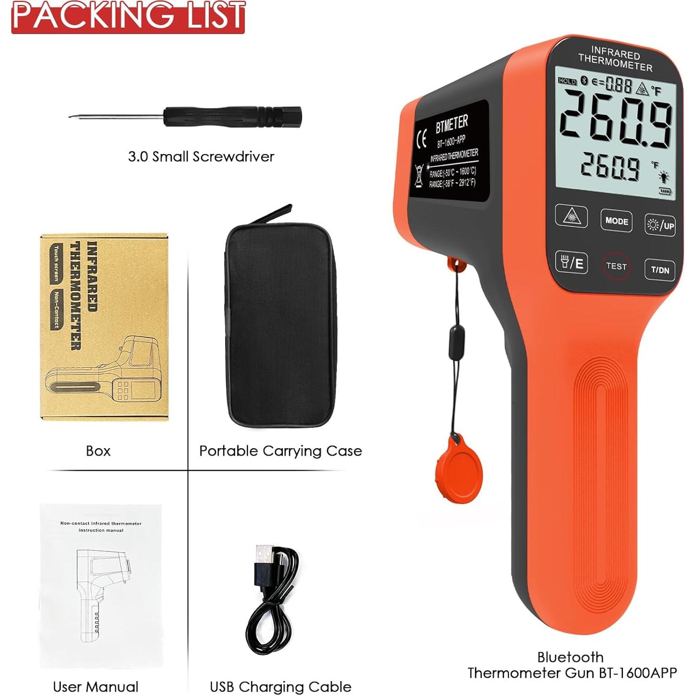 Termómetro Infrarrojo Digital BTMETER BT-1600APP -50°C a 1600°C