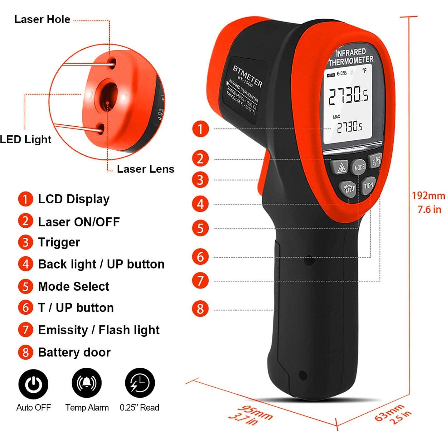 Pirómetro Infrarrojo BTMETER BT-1500 -50 a 1500°C Naranja