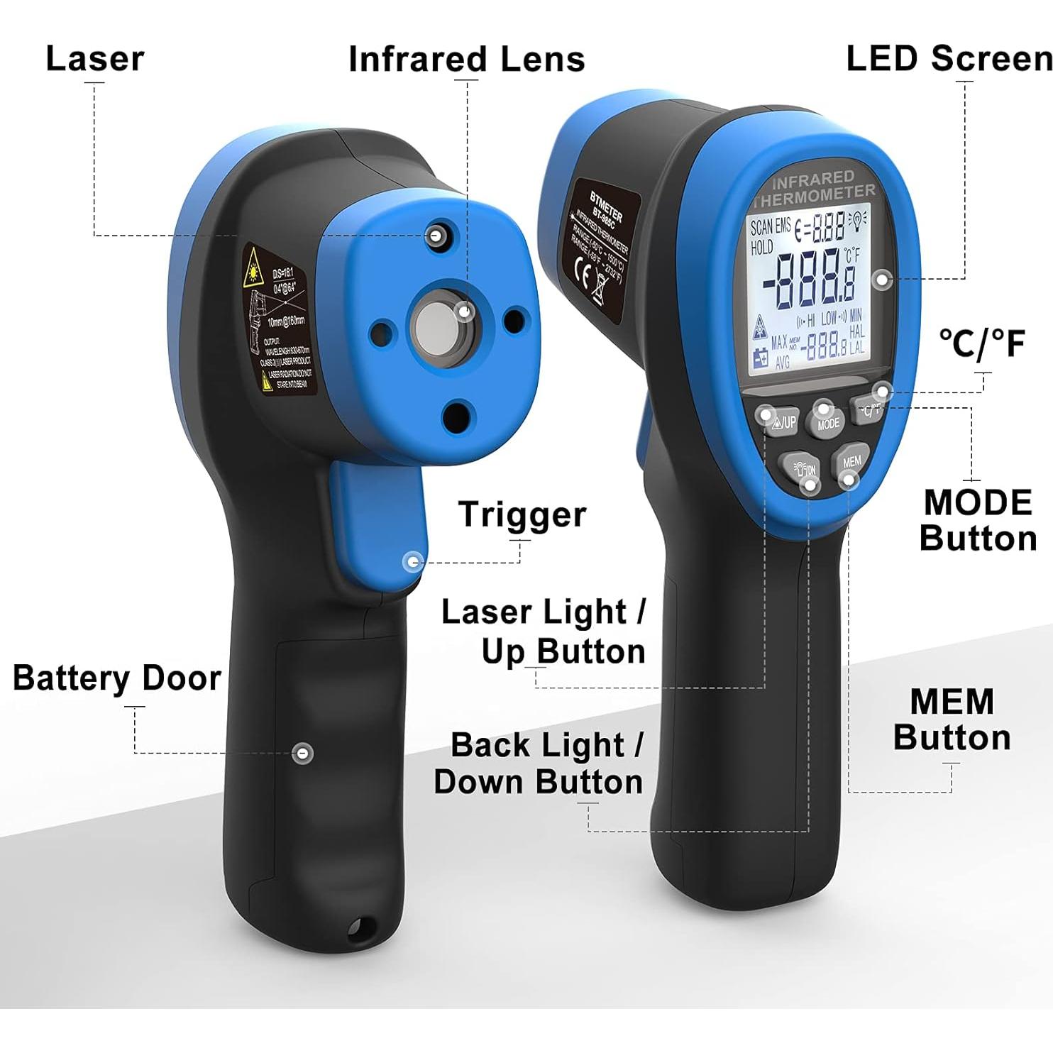 Pistola Termómetro Infrarrojo BTMETER BT-985C -50°C a 800°C