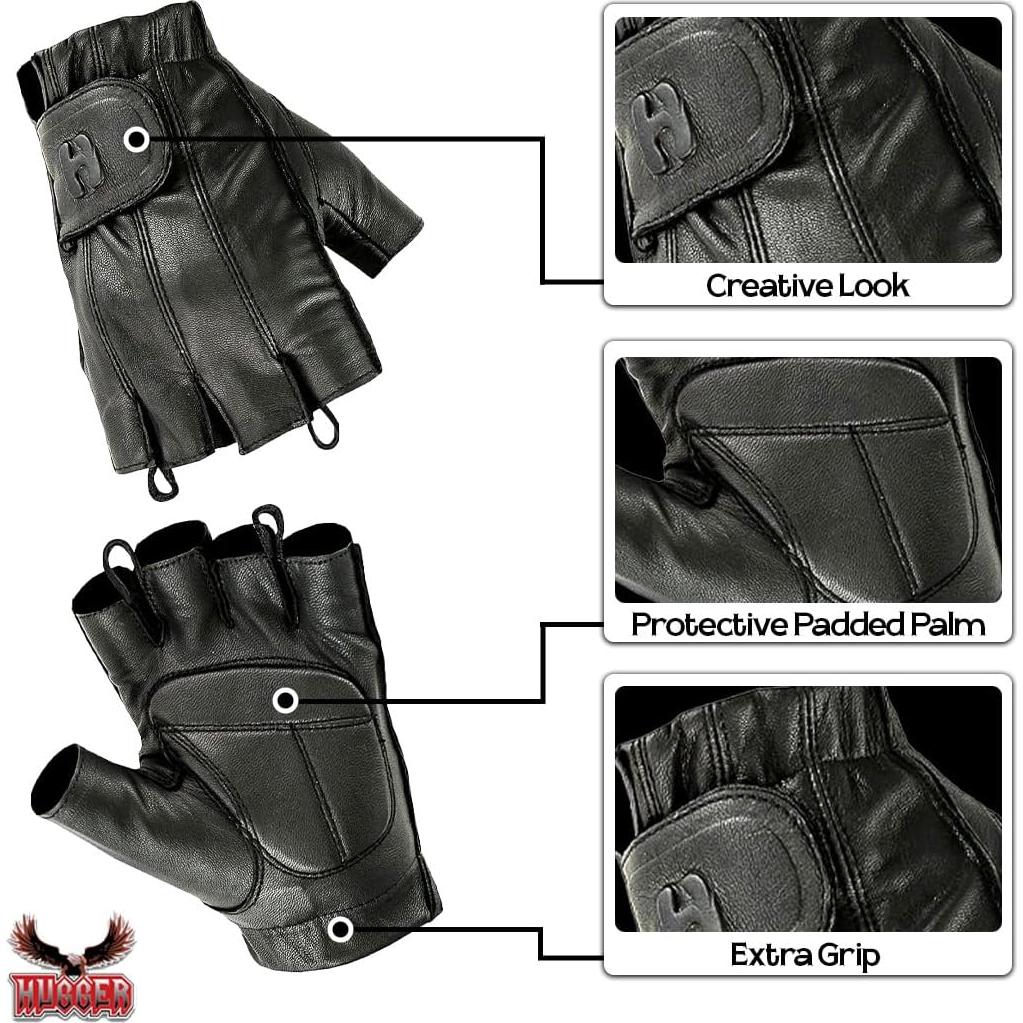 Guantes de Cuero Sin Dedos Hugger - Motocicleta Negro