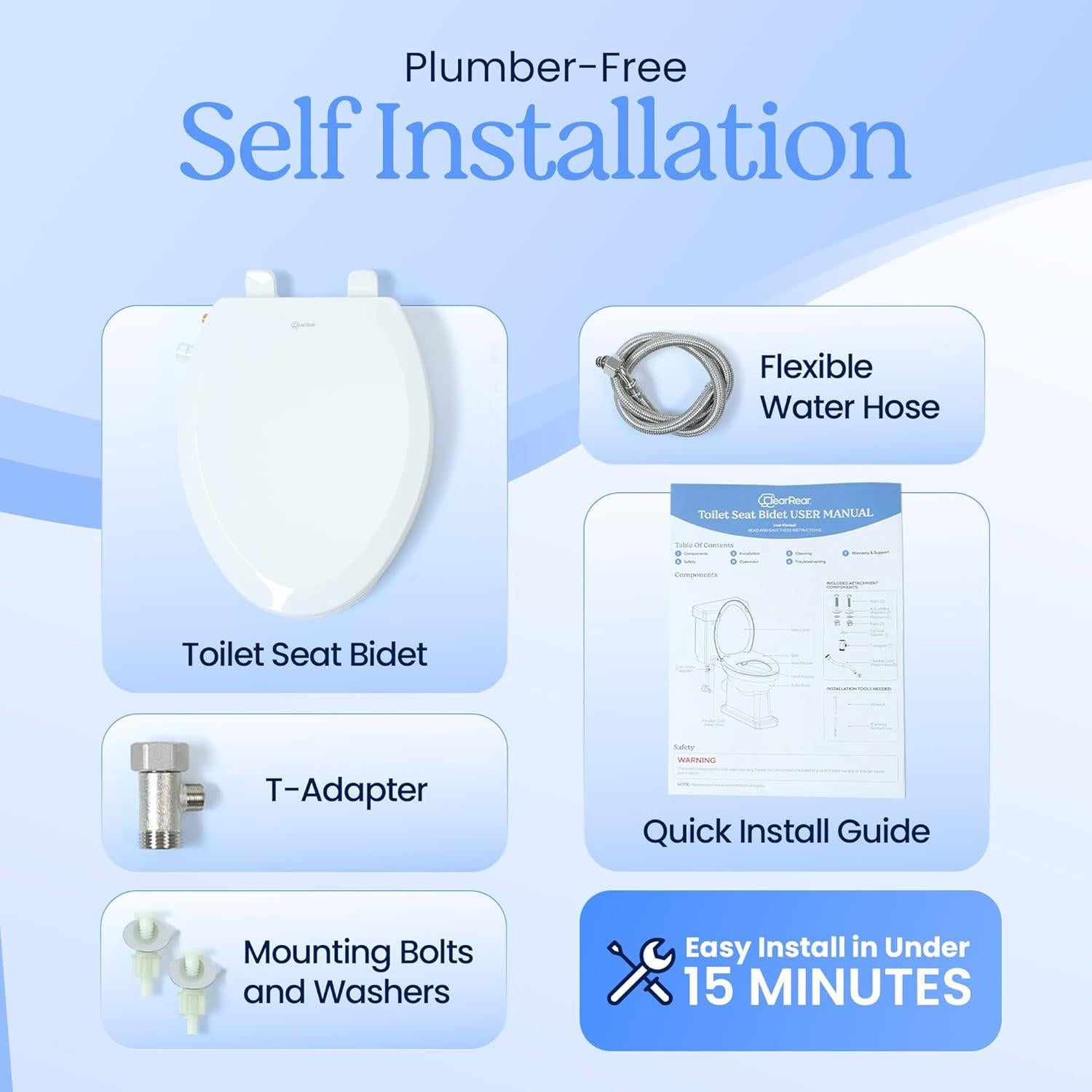 Asiento de Inodoro Bidet Clear Rear - Elongado, Autolimpiante, Ajustable