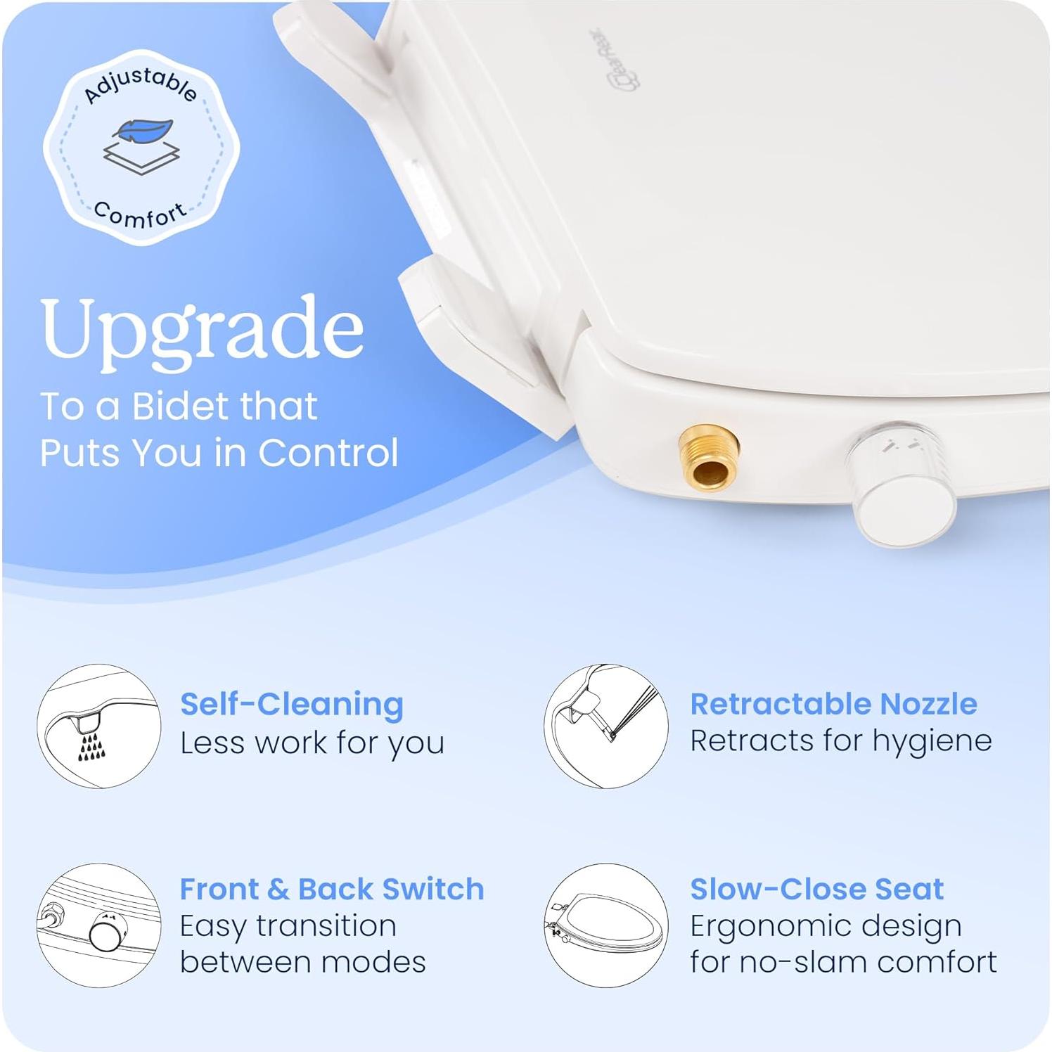 Asiento de Inodoro Bidet Clear Rear - Elongado, Autolimpiante, Ajustable