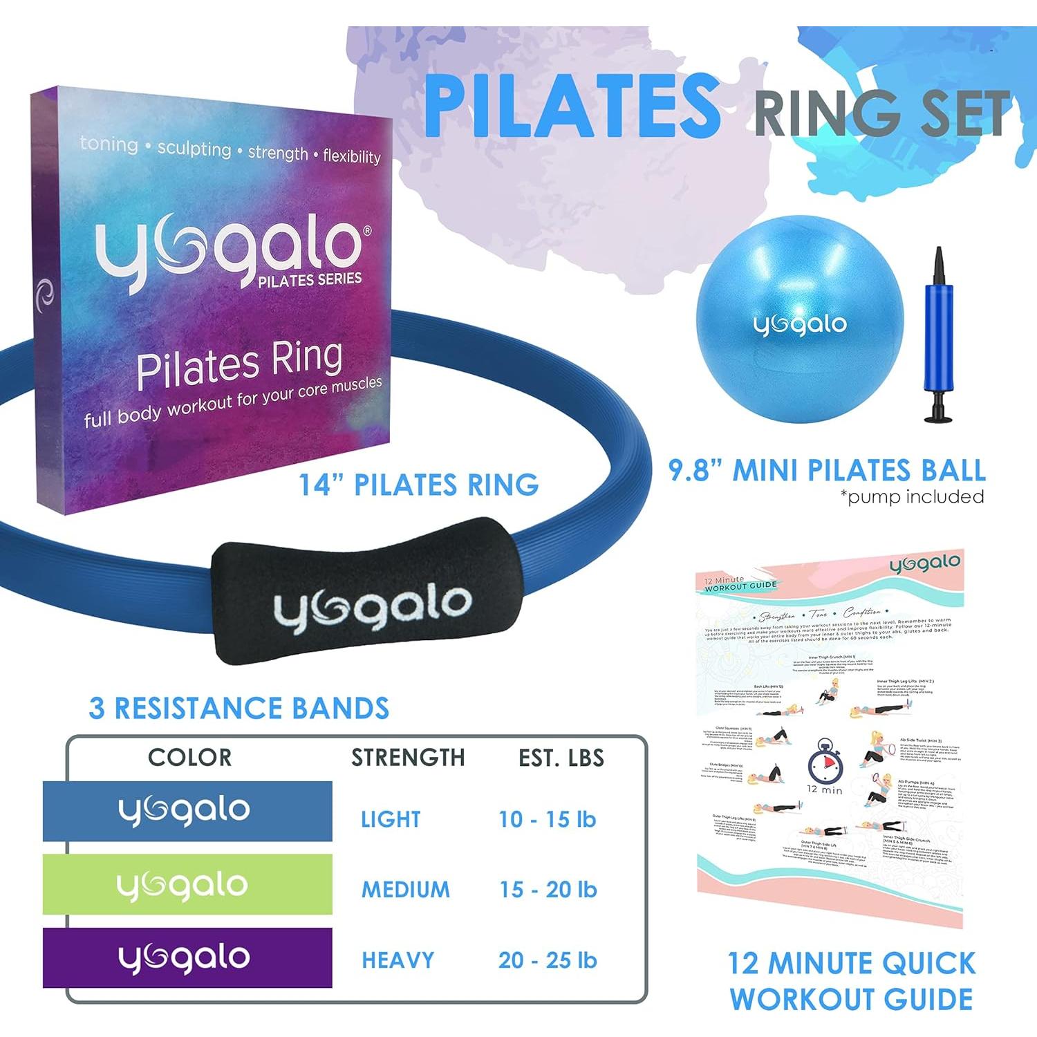 Conjunto de Pilates Yogalo: Anillo 35 cm, Pelota 25 cm, 3 Bandas