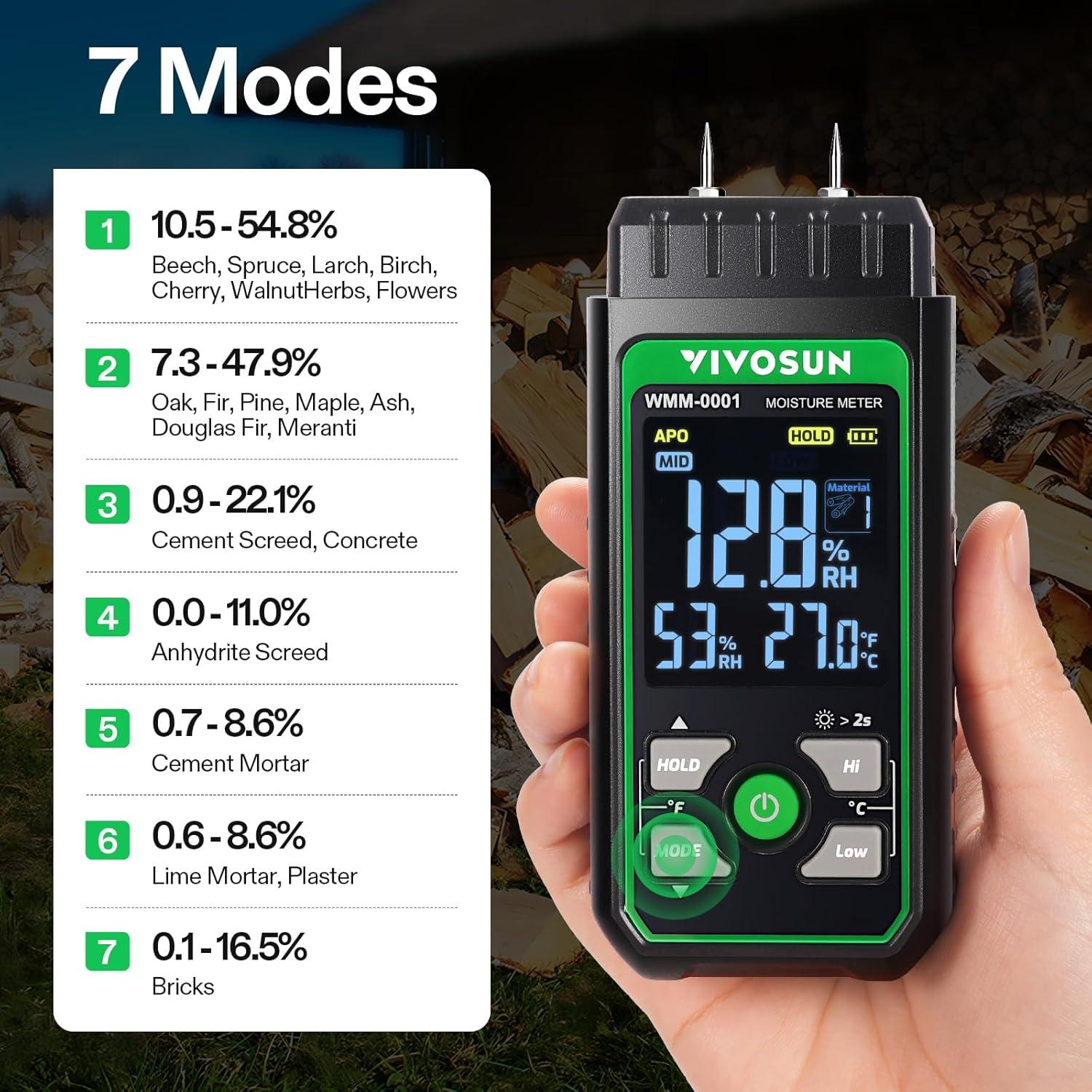 Medidor de Humedad de Madera VIVOSUN 3 en 1 Digital con Pantalla Color