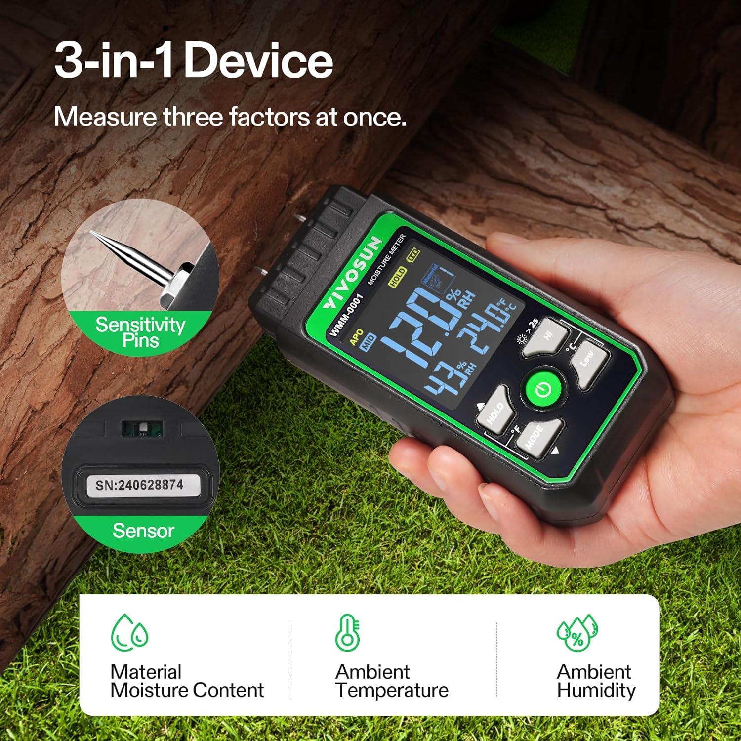 Medidor de Humedad de Madera VIVOSUN 3 en 1 Digital con Pantalla Color
