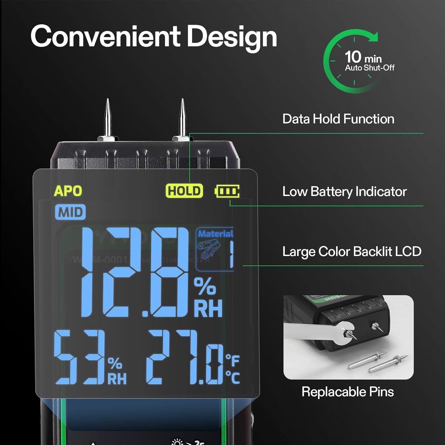 Medidor de Humedad de Madera VIVOSUN 3 en 1 Digital con Pantalla Color